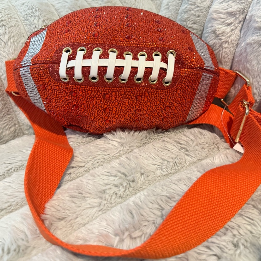 NWT Orange & White Crystal Football Clutch Crossbody Adjustable Game Day Purse